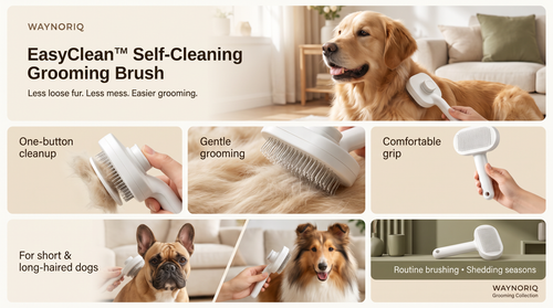 WAYNORIQ EasyClean Self-Cleaning Grooming Brush premium branded card